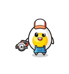 the woodworker boiled egg mascot holding a circular saw