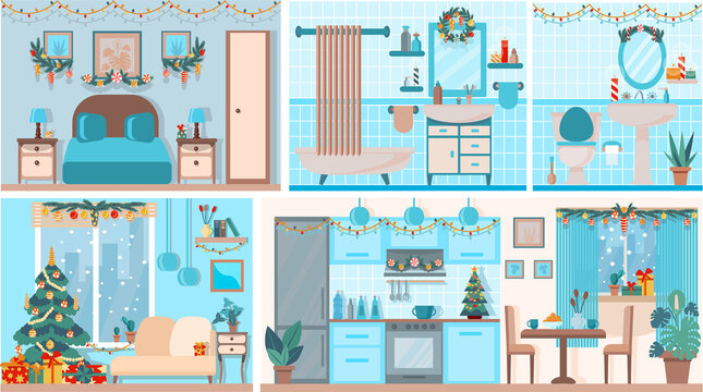 Christmas house in cut. House interior with a furniture,  christmas tree, gifts, lights, decorations.  Snow is falling outside the window. Flat cartoon style vector illustration.
