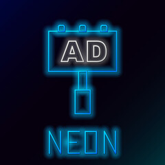 Glowing neon line Advertising icon isolated on black background. Concept of marketing and promotion process. Responsive ads. Social media advertising. Colorful outline concept. Vector