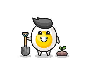 cute boiled egg cartoon is planting a tree seed