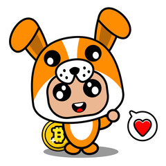 vector cartoon character cute dog animal mascot costume with love chat bubble and holding bitcoin