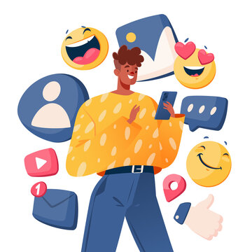 Vector illustration concept of social media network, digital communication. Young African-American man holding phone, communicating with friends or using other benefits of social media and tinternet. 