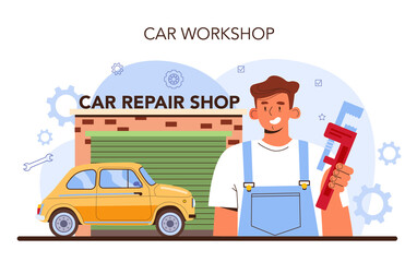 Car repair service. Automobile got fixed in car workshop. Mechanic