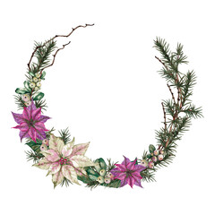 Christmas decorative asymmetric wreath of poinsettia white and pink flowers, green leaves, fir tree branches, dried twigs and snowberries. Watercolor hand painted isolated element on white background.