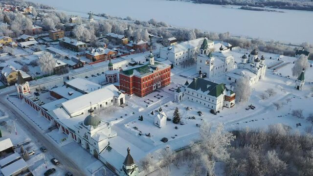 Aerial panoramic view of architectural ensemble of Spaso-Preobrazhensky Monastery in Russian town of Murom on sunny winter day