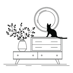 Vector illustration of a cat in the house. Pet in the interior. Furniture icon, chest of drawers with mirror and vase of flowers. Life of a cat in an apartment. Linear illustration of an interior