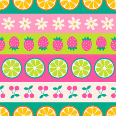 Colorful cute fruit and flower seamless pattern with striped background.