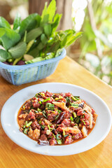 spicy minced meat with mixed vegetables on dish