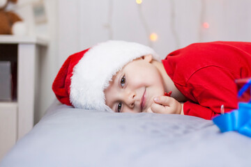 Portrait of a cute boy in a Santa Claus hat. Funny smiling child.