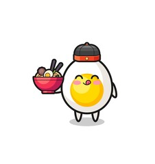 boiled egg as Chinese chef mascot holding a noodle bowl
