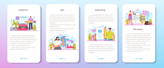 Copywriter mobile application banner set. Writing texts and layout