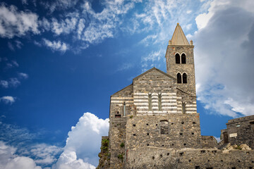 Close-up fo the medieval Church of San Pietro (St. Peter, 1198), headland in Portovenere or Porto...