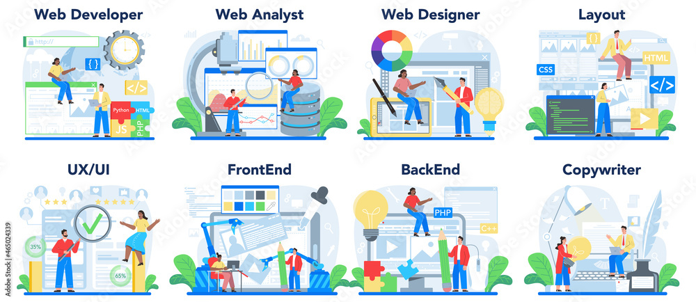 Aufkleber web development concept set. creating and presenting content