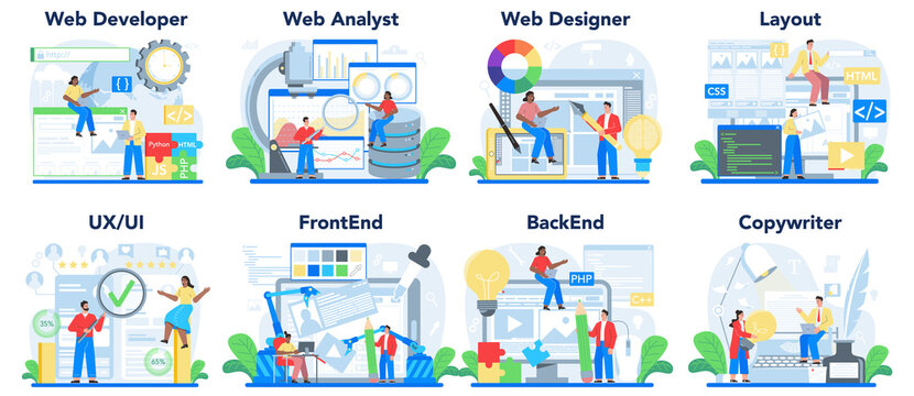 Web development concept set. Creating and presenting content