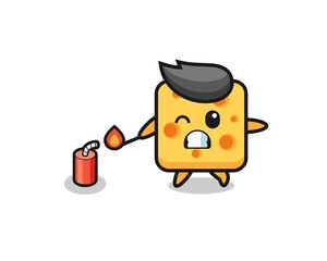 Fototapeta premium cheese mascot illustration playing firecracker
