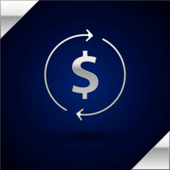 Silver Financial growth and dollar coin icon isolated on dark blue background. Increasing revenue. Vector