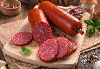 The sausage is whole and cut into pieces on a wooden background. Side view, close-up.
