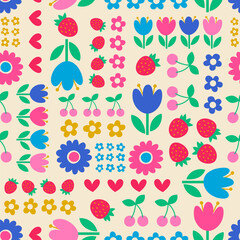 Fototapeta na wymiar Colorful cute hand drawn floral and fruit seamless pattern background.