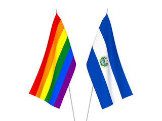 National fabric flags of Rainbow gay pride and Republic of El Salvador isolated on white background. 3d rendering illustration.