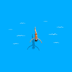 Contemporary art collage of woman, small silhouette swimming in blue drawn sea