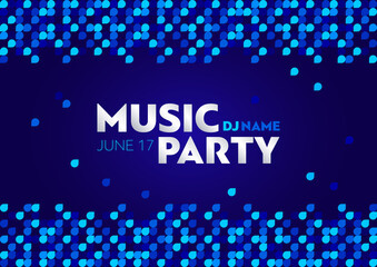 Horizontal music party template with bright color graphic elements and text. Vector illustration.