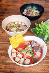 rice noodle spicy soup with pork and vegetables