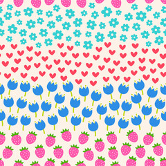 Cute hand drawn little floral, strawberry and heart seamless  pattern background.