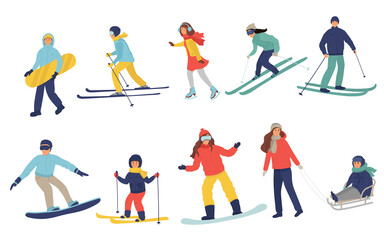 big set of people children dressed in winter clothing ice skates, snowboarding skiing. Male female cartoon ski snowboard riders. Winter mountain sports activity. Vector illustration flat.