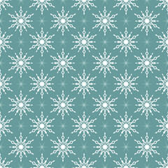 Seamless pattern with white snowflakes and stars on blue background. Festive winter traditional decoration for New Year, Christmas, holidays and design. Ornament of simple line