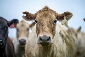 Close up of cows in the field, Angus and Murray Grey beef Cattle eating long pasture in spring and...