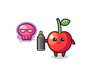 cherry cartoon make a graffiti with a spray paint