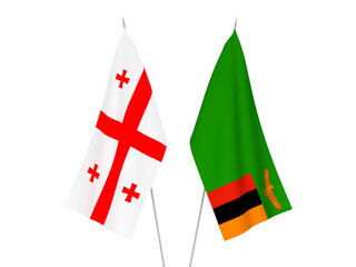 National fabric flags of Georgia and Republic of Zambia isolated on white background. 3d rendering illustration.