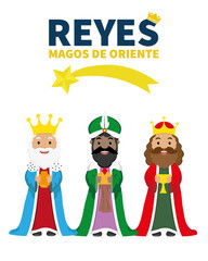 Card of the three wise men. Happy kings day written in Spanish