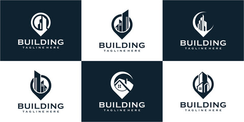 Set of Building location logo design with pin concept. building logo collection