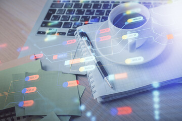 Multi exposure of technology theme drawing and desktop with coffee and items on table background. Concept of data research.