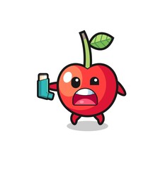 cherry mascot having asthma while holding the inhaler