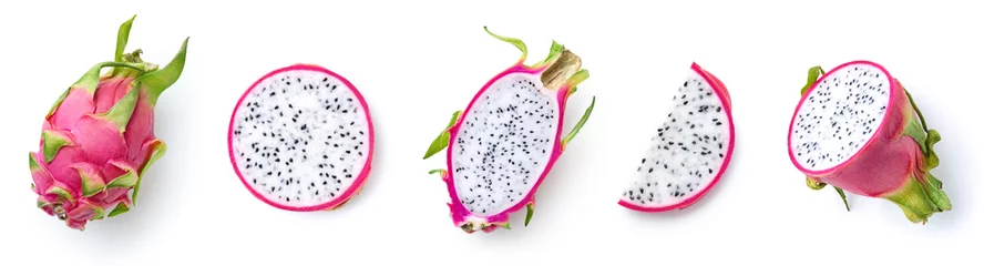 Poster Set of fresh whole, half and sliced dragon fruit or pitahaya (pitaya) © baibaz