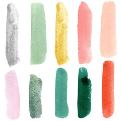 Watercolor shapes and strokes abstract illustration of silver, red, green and pink colors. Texture elements used for Social media templates ready to be used on popular social media platforms.