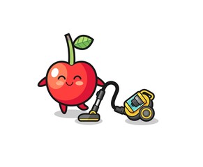 cute cherry holding vacuum cleaner illustration