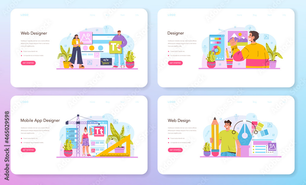 Poster web designer web banner or landing page set. interface and content