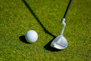 Golf clubs and ball lie on green grass in a rays of the everlasting sun. High quality photo