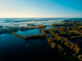 Aerial drone view at the watery landscape in the Netherlands.