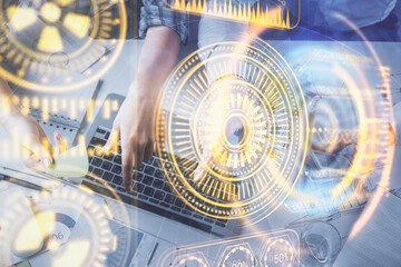 Double exposure of man and woman working together and technology theme drawing. Computer background. Top View. High tech concept.