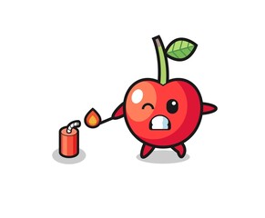 cherry mascot illustration playing firecracker