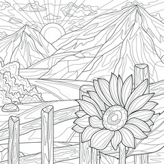 Sunflower and landscape with mountains.Coloring book antistress for children and adults. Illustration isolated on white background.Zen-tangle style. Hand draw