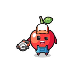 the woodworker cherry mascot holding a circular saw