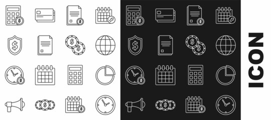 Set line Clock, Pie chart infographic, Earth globe, Finance document, File, Shield with dollar symbol, Calculator and Coin money icon. Vector