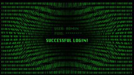 Green numbers on a black background. Binary matrix concept illustration for verify identity. Computer code with digital javascript code Futuristic hacker backdrop. Enabled user, successful login
