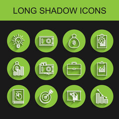 Set line User manual, Target, Light bulb with rays shine and concept of idea, Board graph chart, Pie infographic coin, Safe money, Clipboard and Briefcase icon. Vector