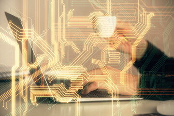 Double exposure of woman hands typing on computer and technology theme drawing. High Tech concept.
